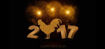 金色的2017年祝新年快乐,黑色的背景,烟花,2017鸡年桌面壁纸