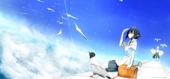 女孩，书包，蓝色天空，大雁，鸟儿，动漫壁纸