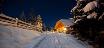 晚上,路,房子,灯光,星星,冬天,树,风景桌面壁纸