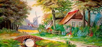 小路，小溪，桥，房子，树林，风车，绘画，风景桌面壁纸