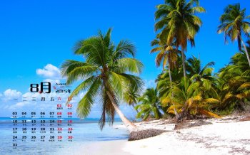 2015年8月日历唯美海边椰树风景电脑桌面壁纸下载