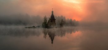 河畔，教堂，雾，倒影，风景桌面壁纸