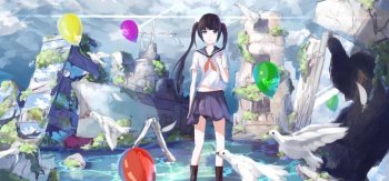 女孩,女学生,学生装,鸟儿,气球,精美动漫壁纸