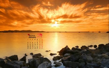 2016年1月日历精选海边落日桌面壁纸下载