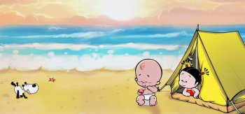 海边露营,小破孩可爱壁纸