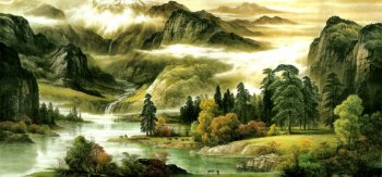 远山 湖水 高松 云雾缭绕 清水 静潭 雪峰 小溪 瀑布清幽 水墨山水画风景桌面壁纸