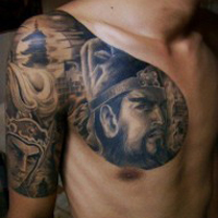 霸气彩色的关公头像纹身图案大全