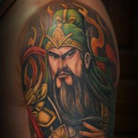 霸气彩色的关公头像纹身图案大全