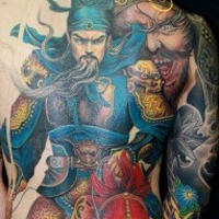 霸气彩色的关公头像纹身图案大全