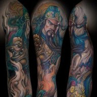 霸气彩色的关公头像纹身图案大全