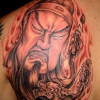 霸气彩色的关公头像纹身图案大全