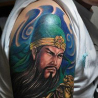 霸气彩色的关公头像纹身图案大全