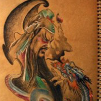 霸气彩色的关公头像纹身图案大全