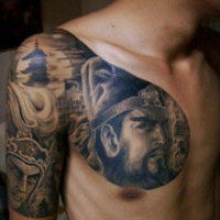 霸气彩色的关公头像纹身图案大全