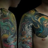 霸气彩色的关公头像纹身图案大全