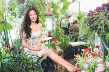 潘辰抱猫咪置身花丛高清唯美写真