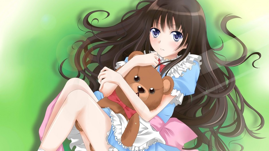 长发动漫少女抱熊图片精选