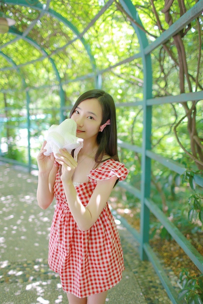 红色格子连衣裙清纯美眉治愈系笑容温婉可掬写真