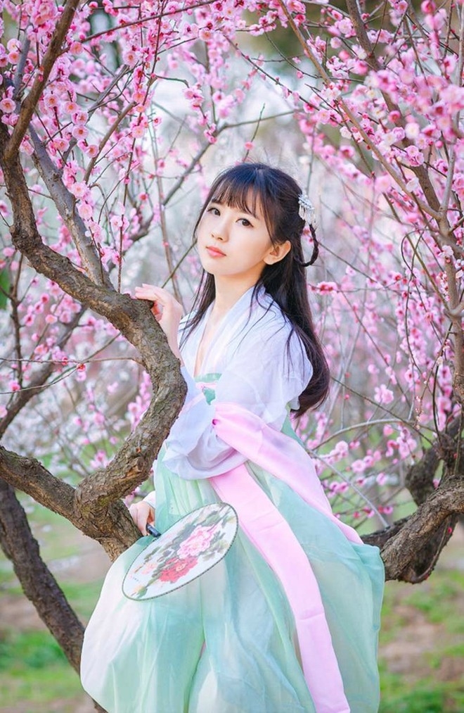 古典仙气清纯美女阳光下花林间唯美写真