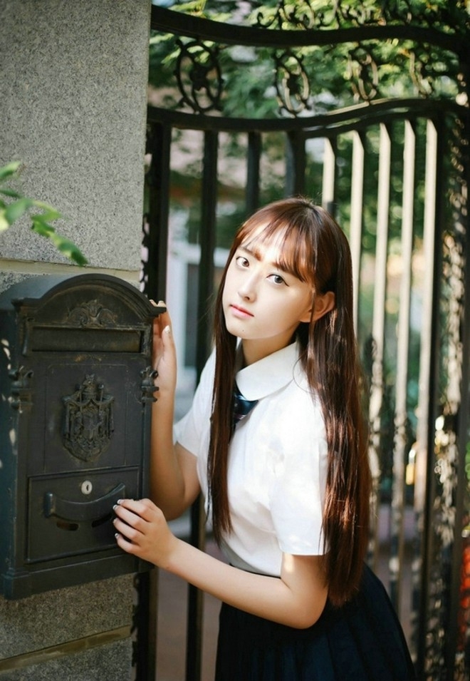 气质清纯长发校服美女学生妹白皙脸蛋俏皮唯美街拍图片