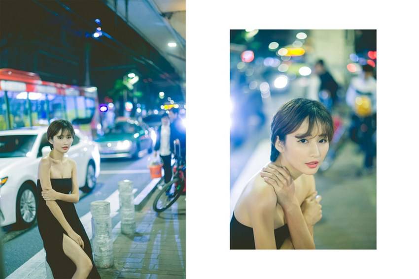 性感短发妹子深夜街头人体艺术写真