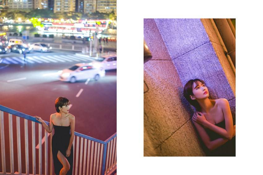 性感短发妹子深夜街头人体艺术写真