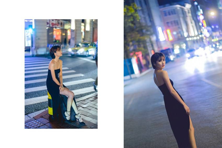 性感短发妹子深夜街头人体艺术写真