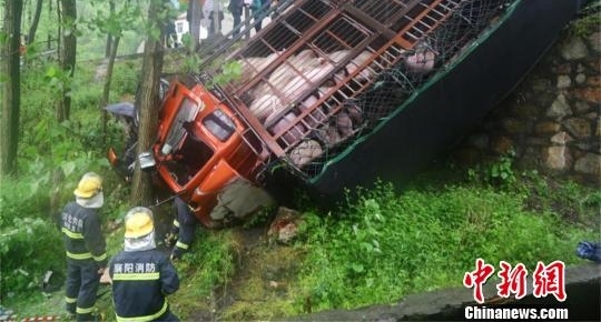 湖北襄阳：运猪货车冲下路基 50头生猪近半死亡