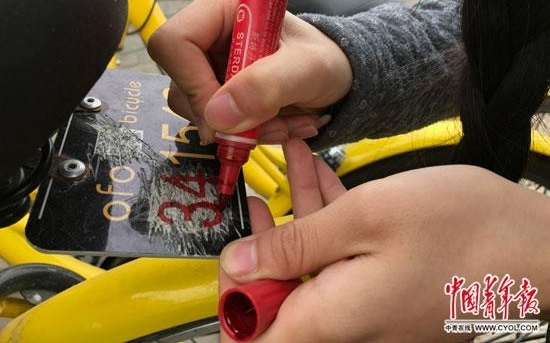 共享单车频遭破坏 90后女生手绘修补车牌